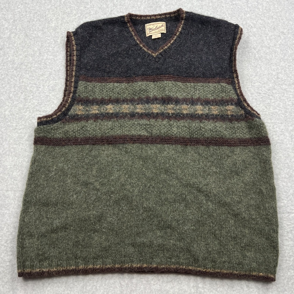 VTG Woolrich Sweater Vest Men's Large Green Striped Knit Wool V-Neck‎ USA Made